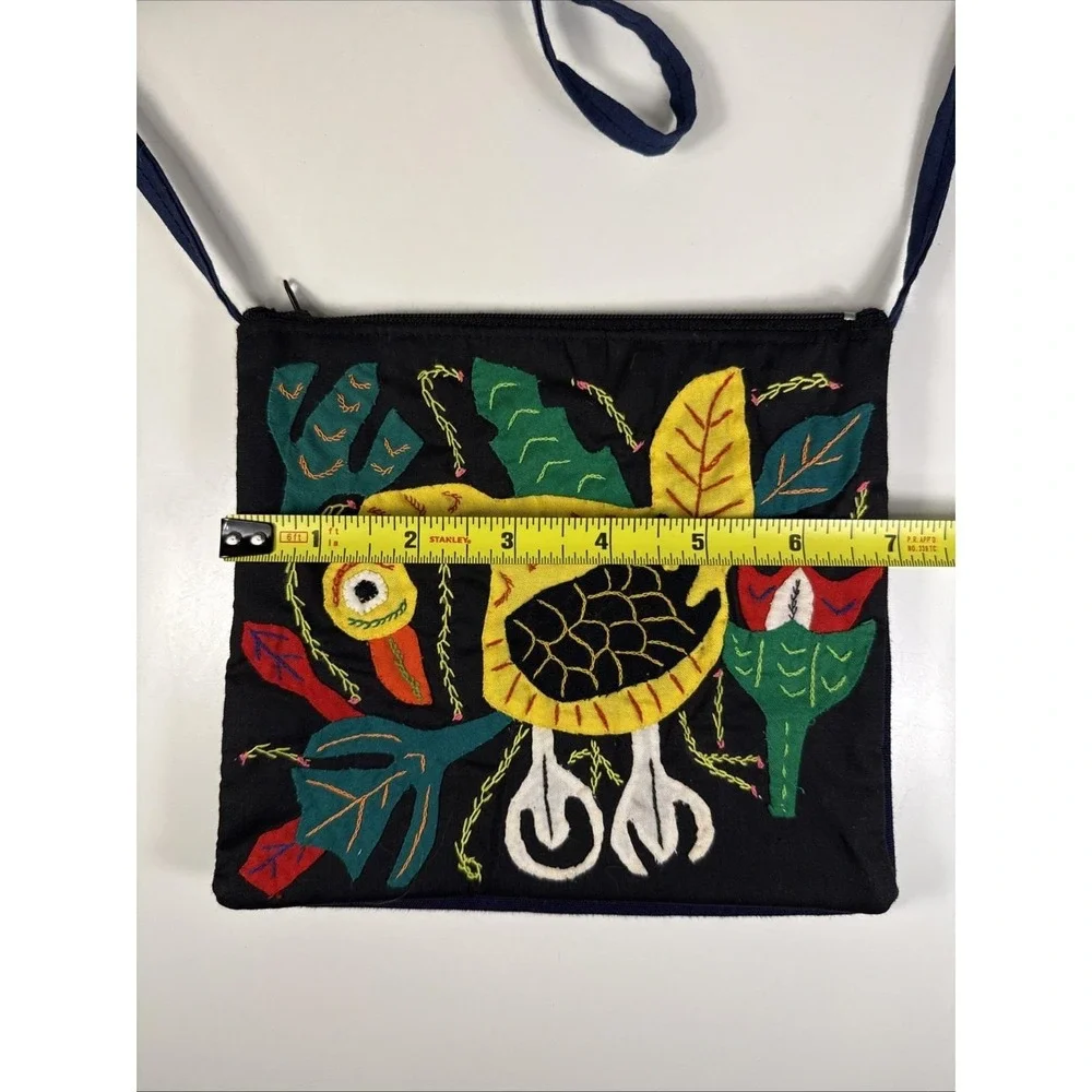 Vintage 1990s Cloth Purse Hand Appliqued Bird Double Pockets Zippered Boho 6.5
